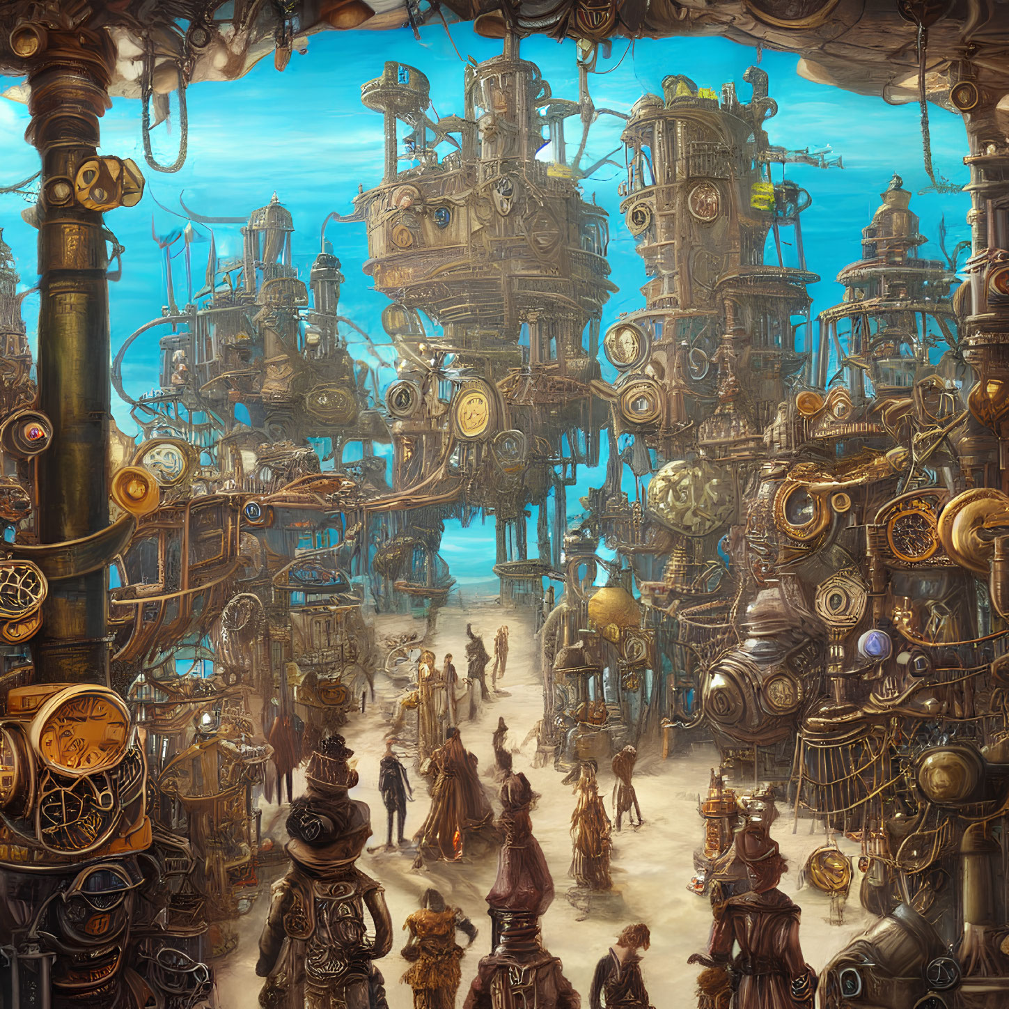 Detailed Steampunk Cityscape with Machinery, Gears, and Citizens