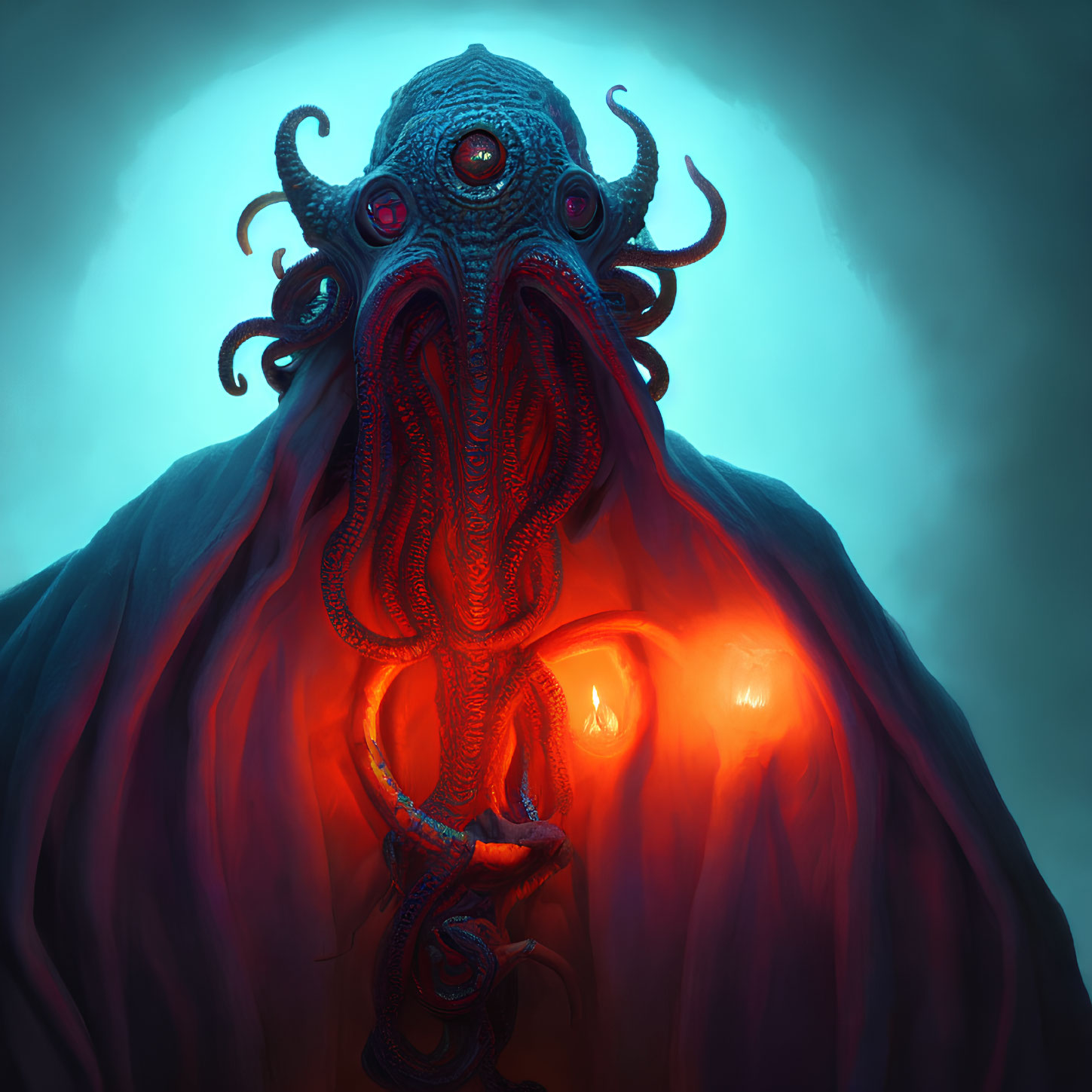 Blue-eyed creature with tentacle face and flaming heart art.