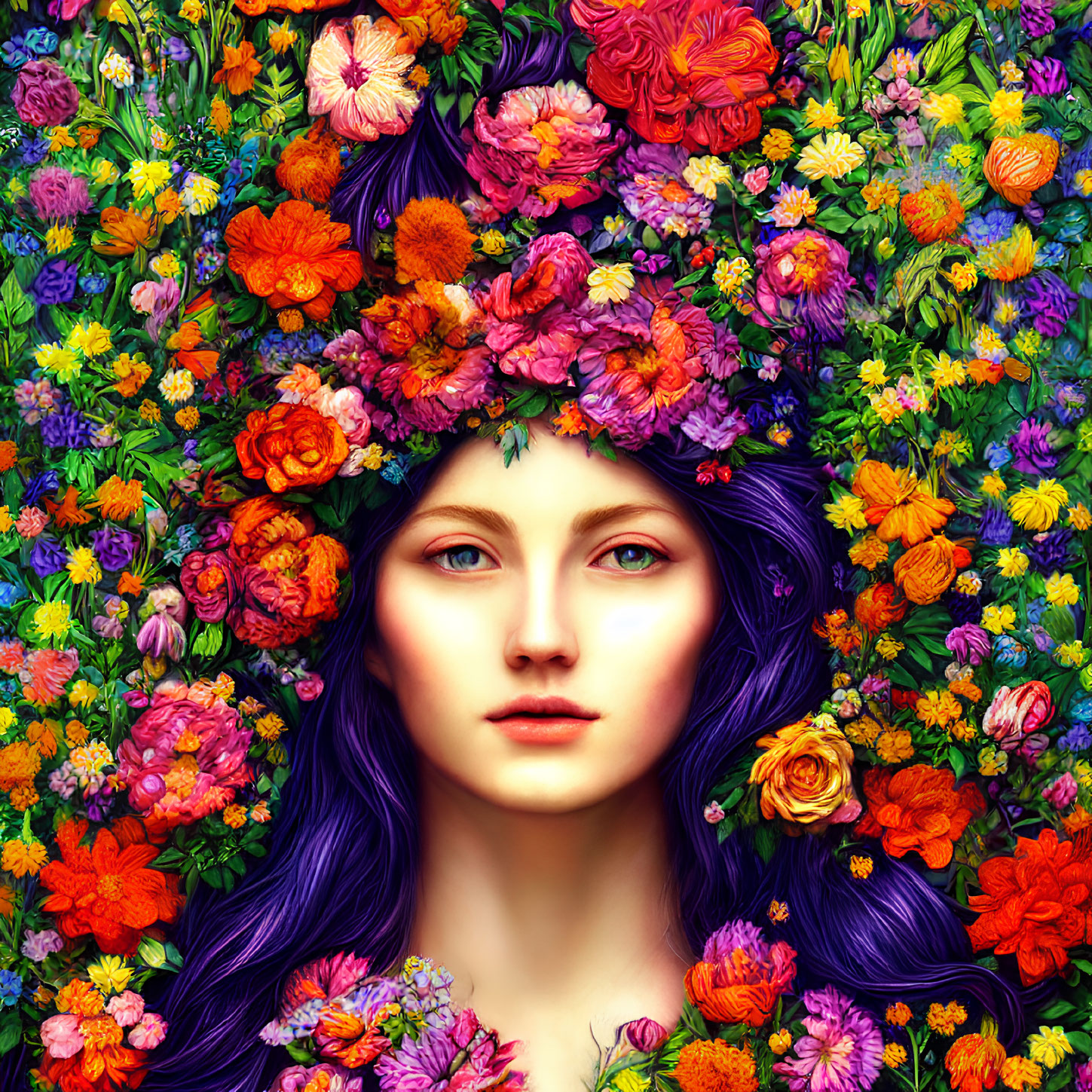 Vibrant purple-haired woman in colorful flower tapestry.