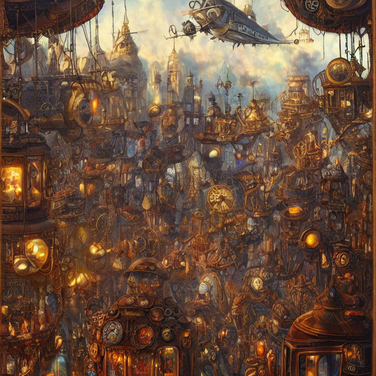 Densely Packed Steampunk Cityscape with Airships and Glowing Lights