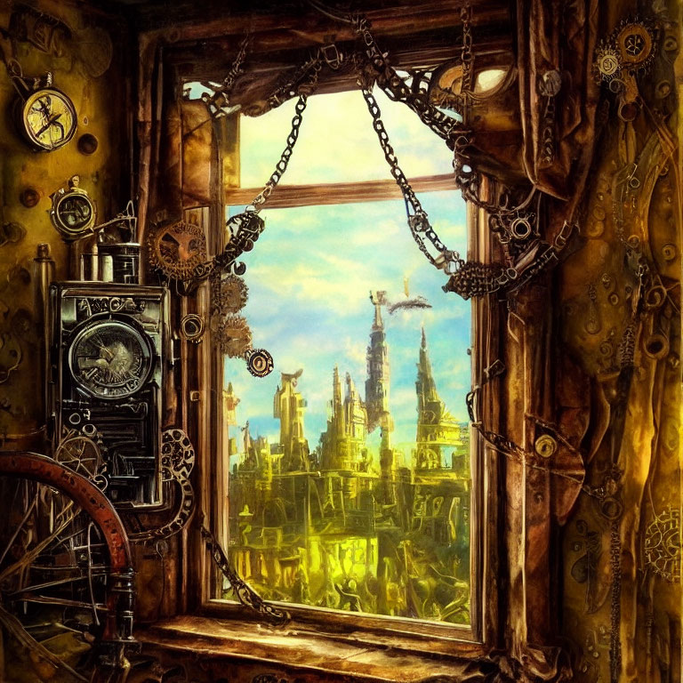 Steampunk-themed room with window overlooking fantastical cityscape