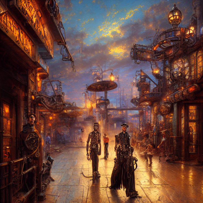 Steampunk cityscape at dusk with lanterns, flying vehicles, cobblestone streets, and