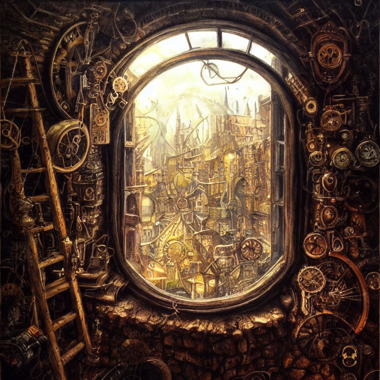 Steampunk-inspired circular window with gears and cityscape view