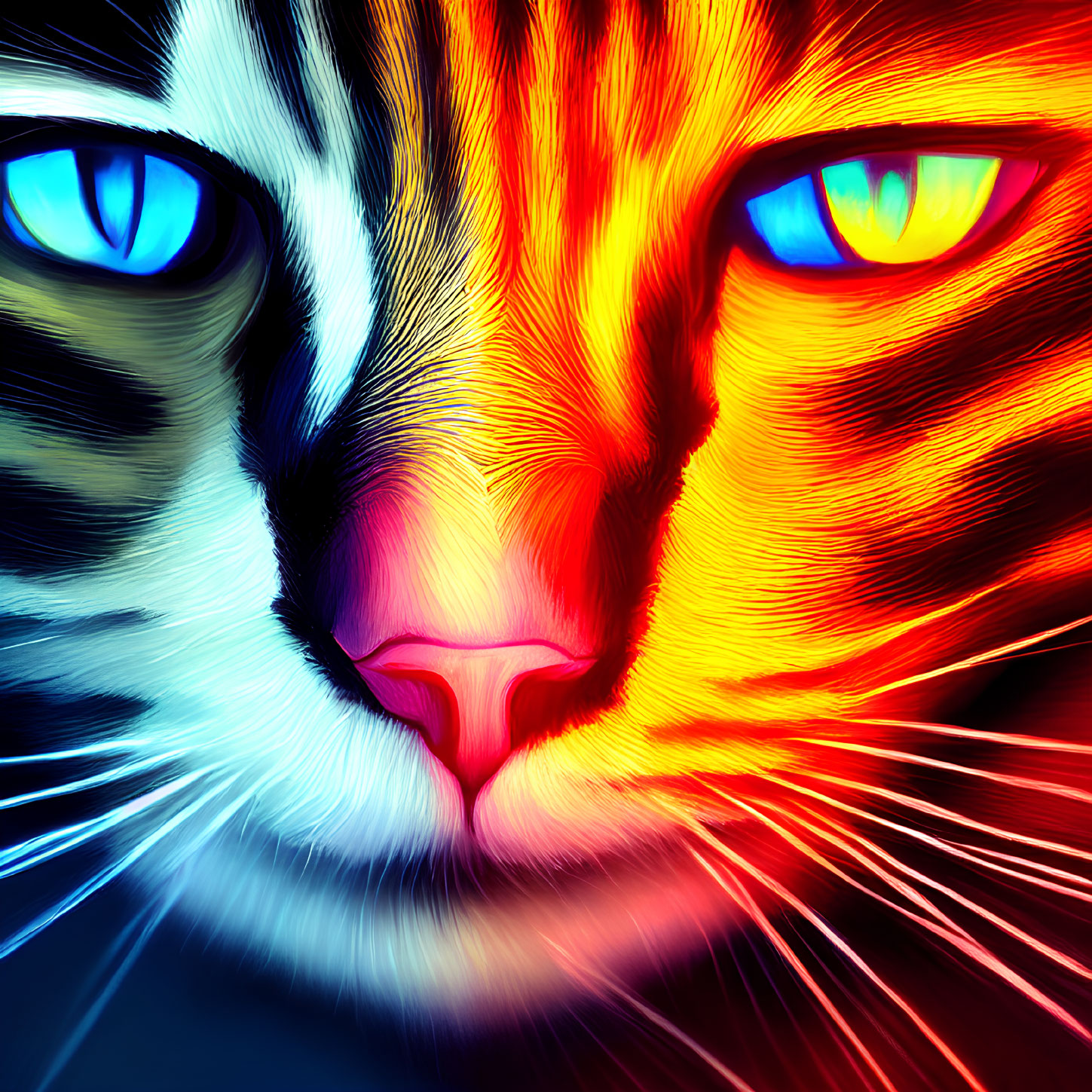 Split-face cat digital art with vibrant blue and orange hues