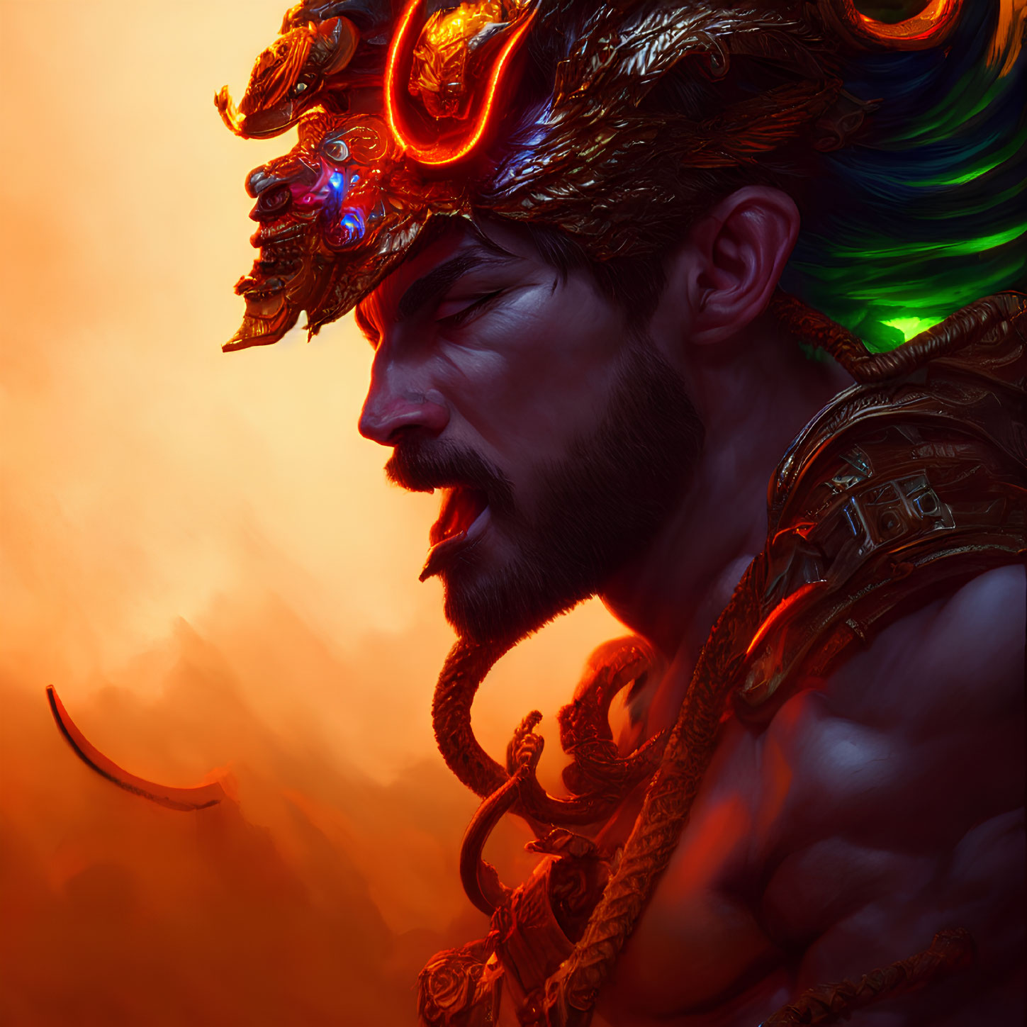 Detailed portrait of a man in dragon-themed headdress against fiery backdrop