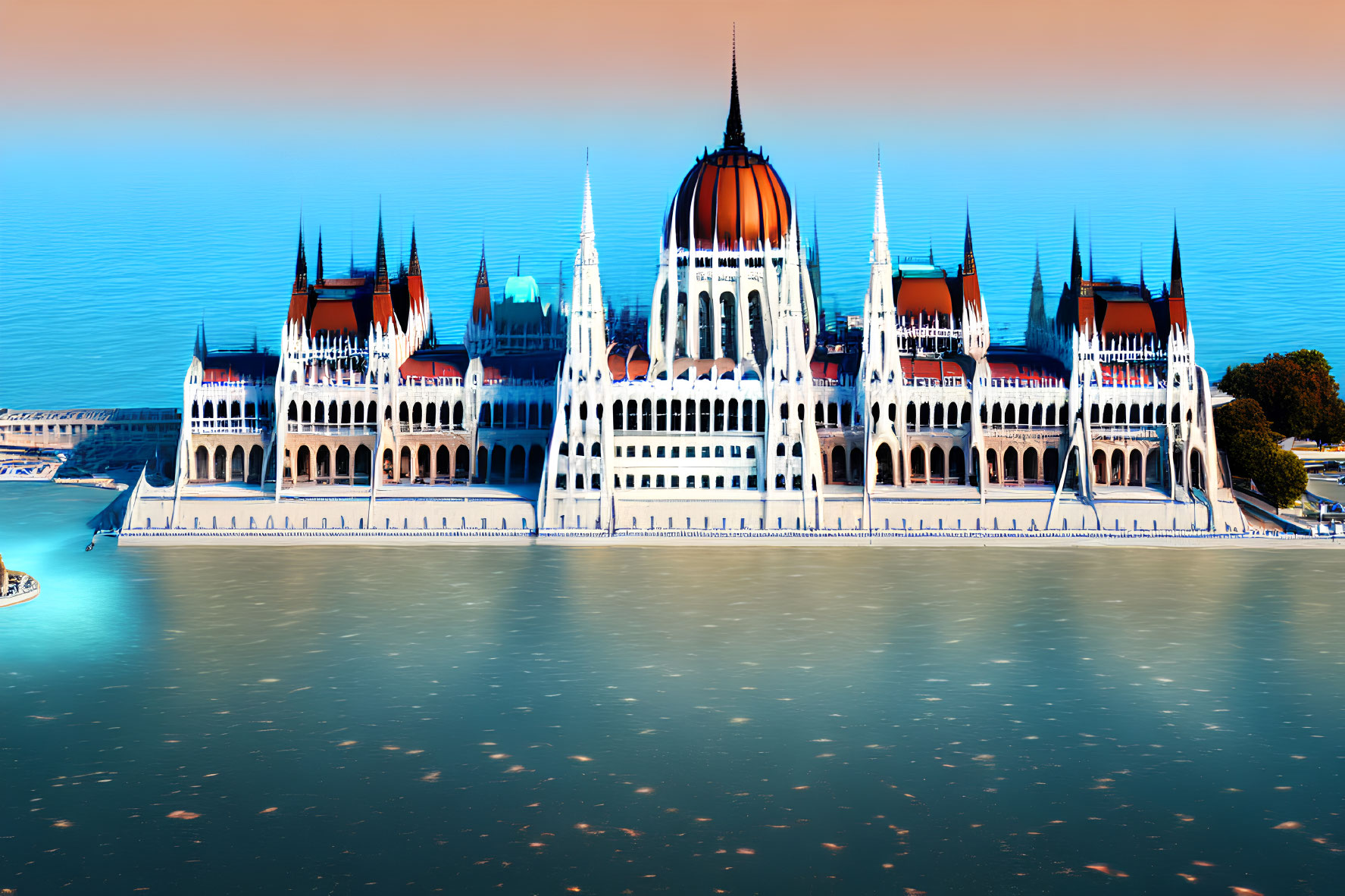 Grand Gothic Revival Parliament Building Along River with Boats in Clear Sky