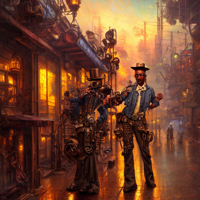 Steampunk-style characters in bustling alley at dusk with intricate machinery.