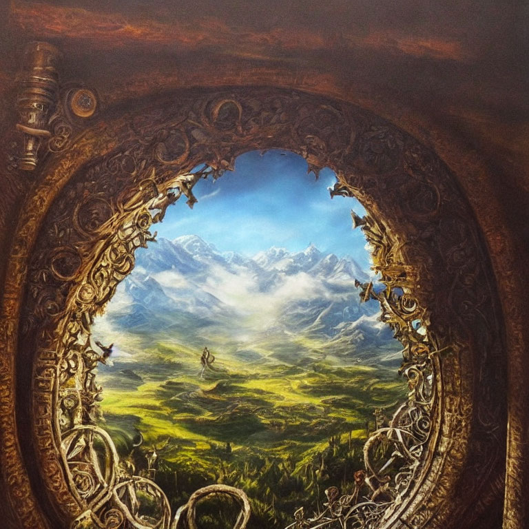 Circular Frame Reveals Fantasy Landscape with Mountains and Figures