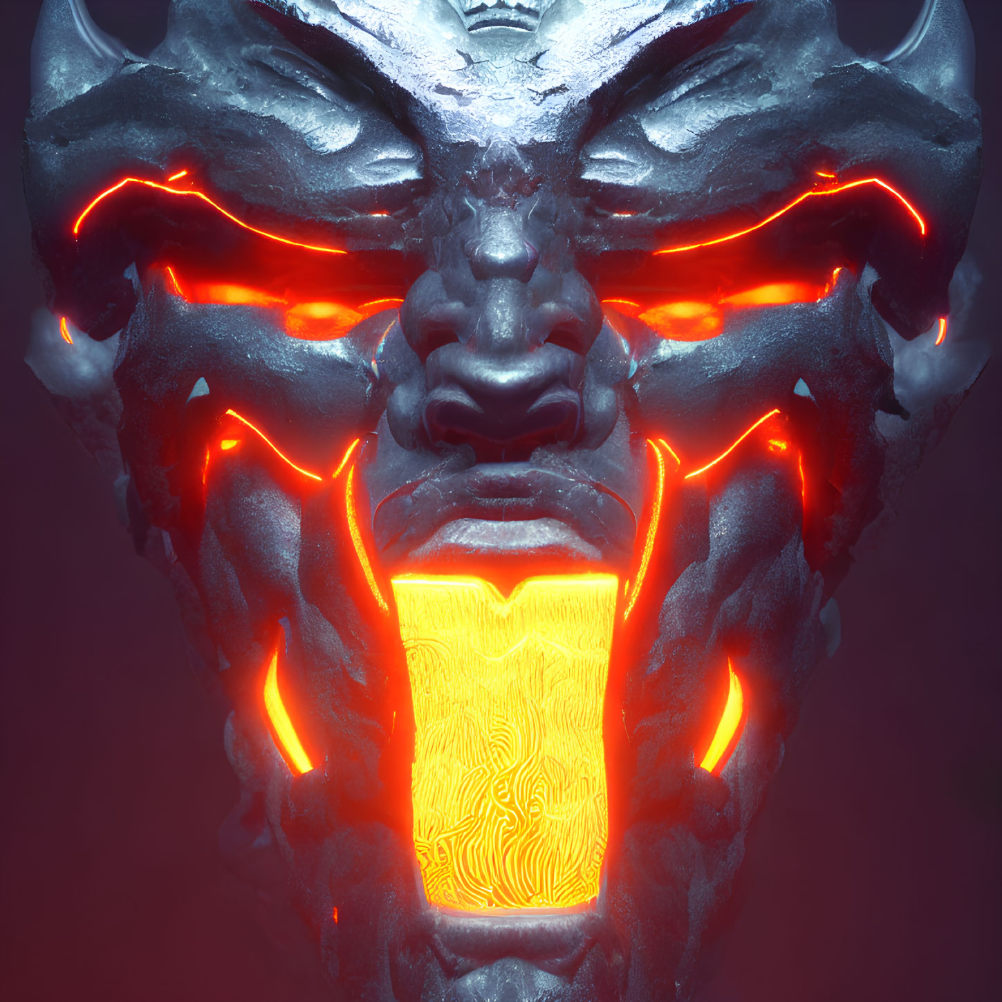 Digital Sculpture: Demonic Face with Glowing Red Eyes and Lava Cracks