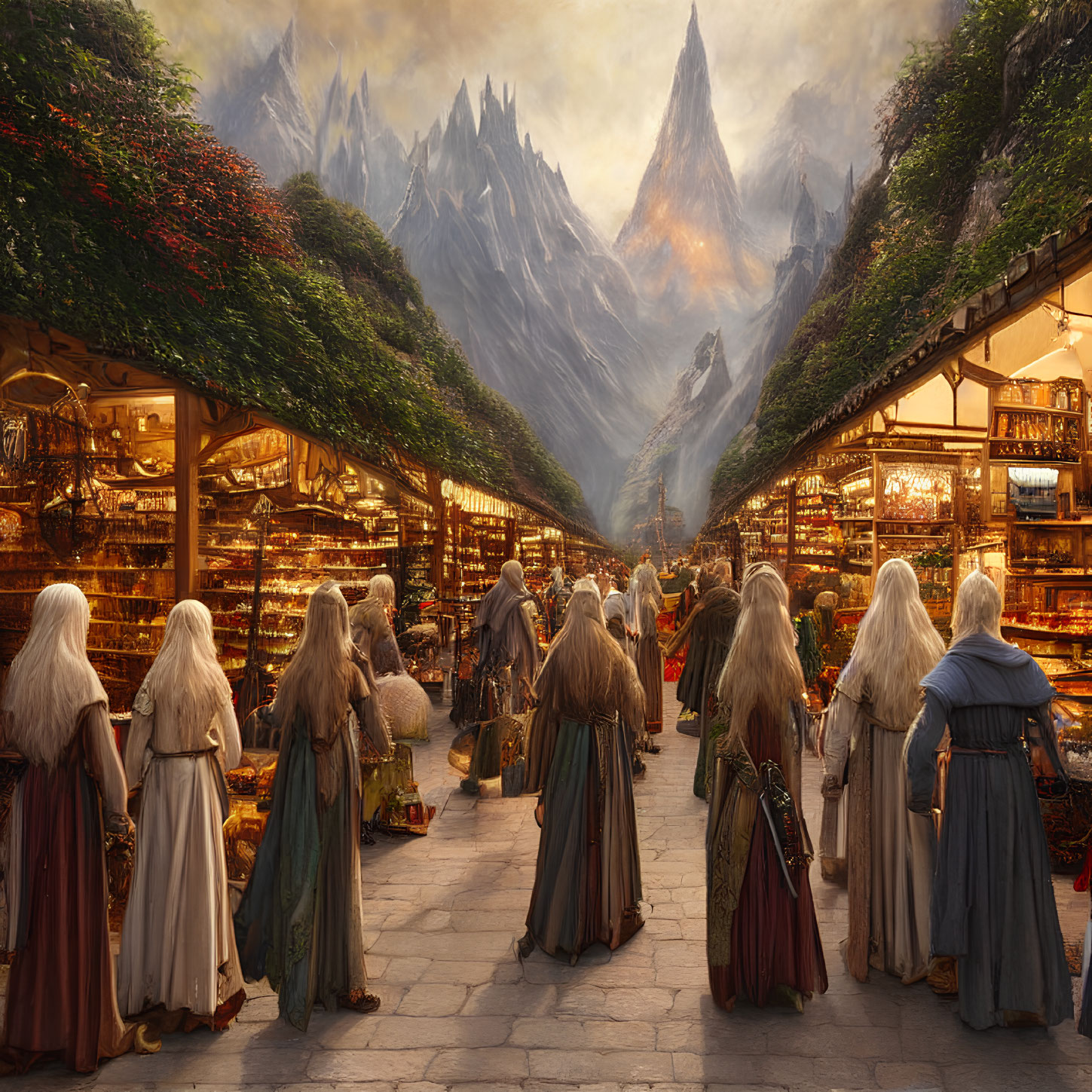 Fantasy Market with Robed Figures and Mountain Backdrop