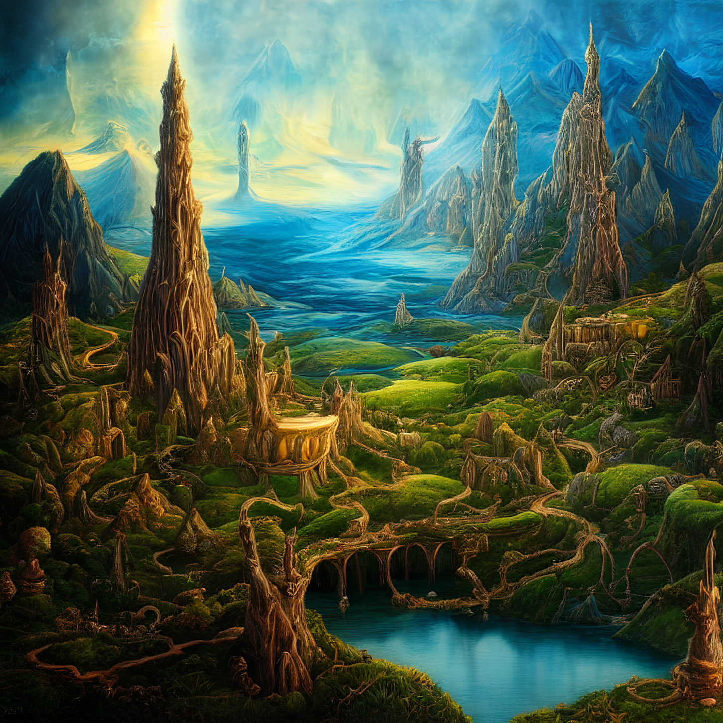 Fantastical landscape with towering spires and glowing light