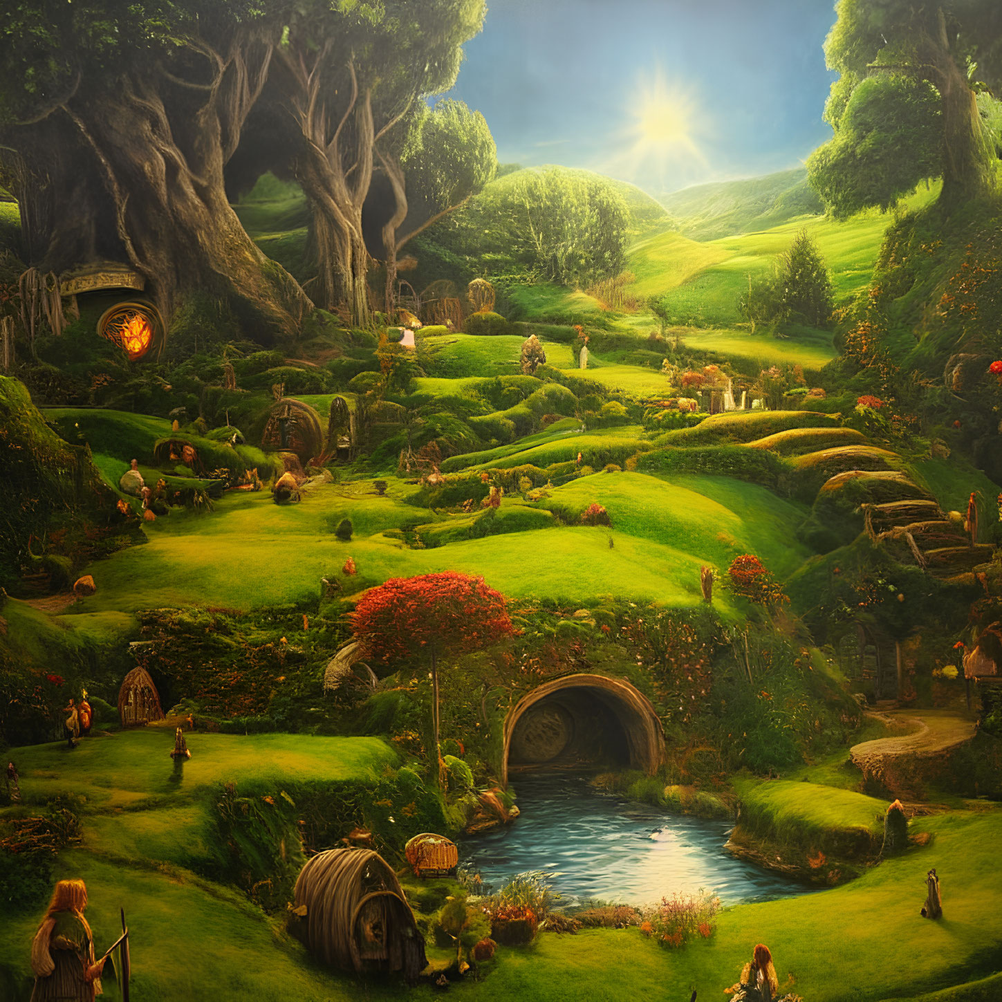 Lush Green Hobbit Village with Round-Door Homes, Large Trees, Pond, and Residents