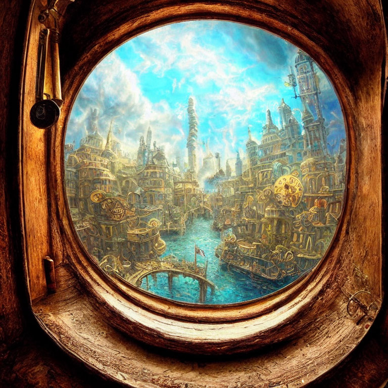 Steampunk cityscape with intricate buildings and gears viewed through circular window