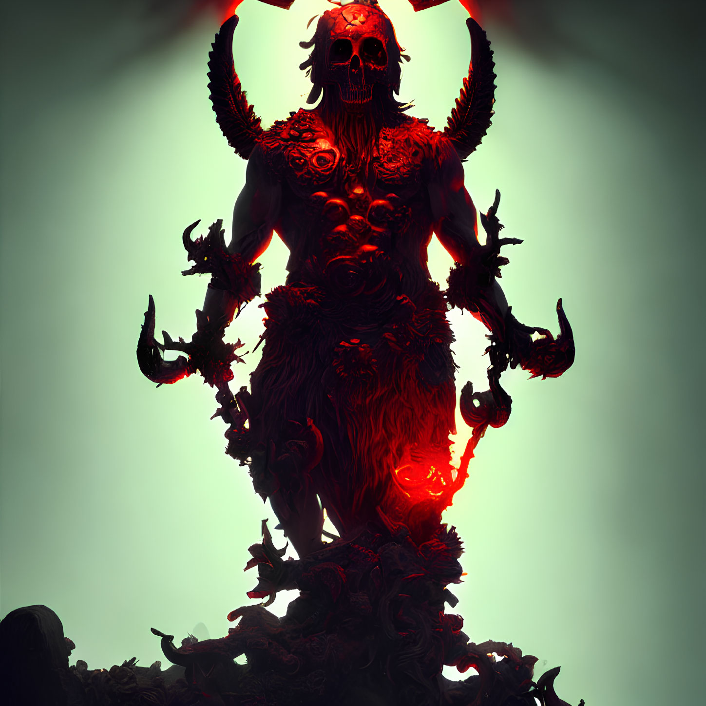 Sinister skeletal figure with horns and glowing red accents atop a mound