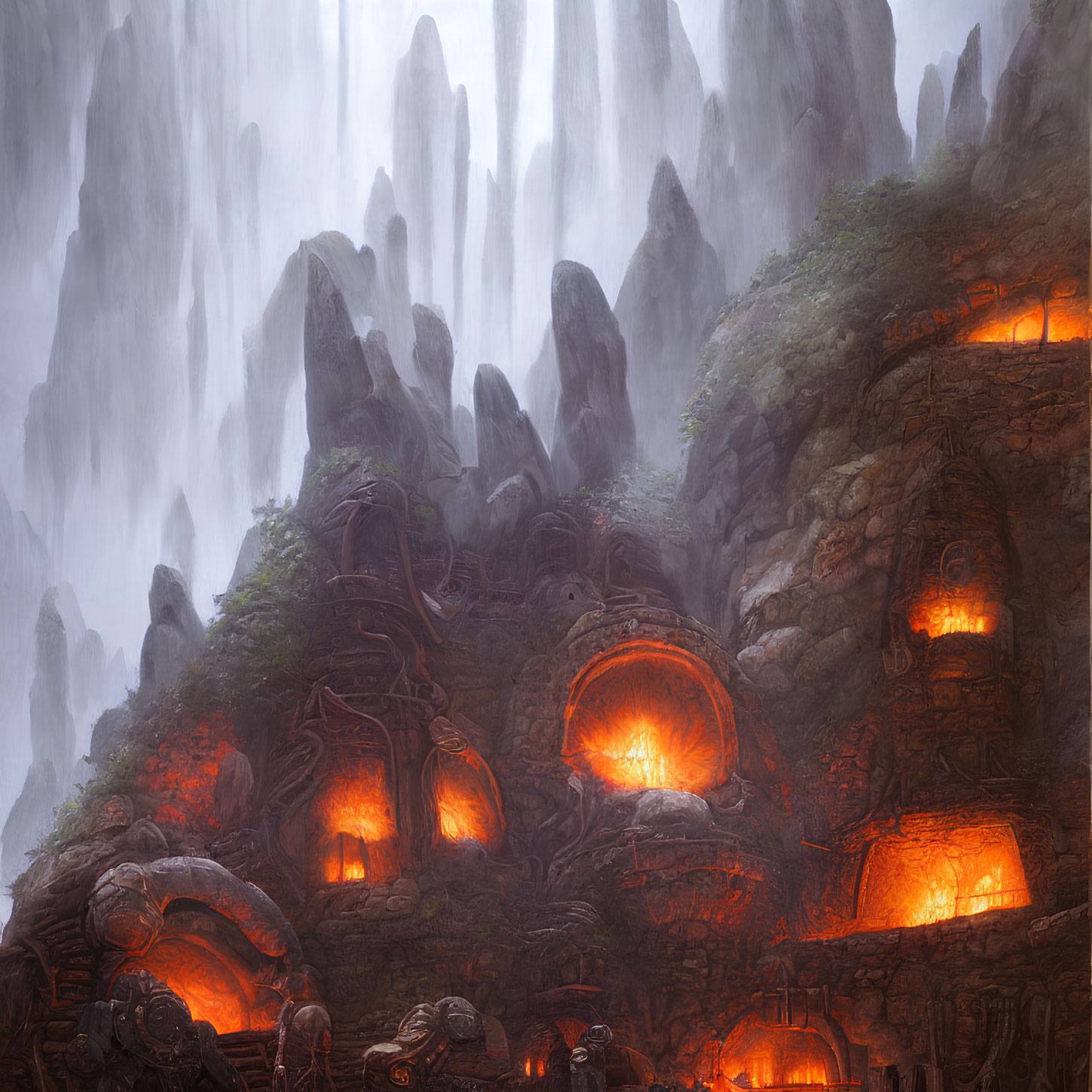 Mystical landscape with towering misty cliffs and glowing forges nestled in rocky outcroppings