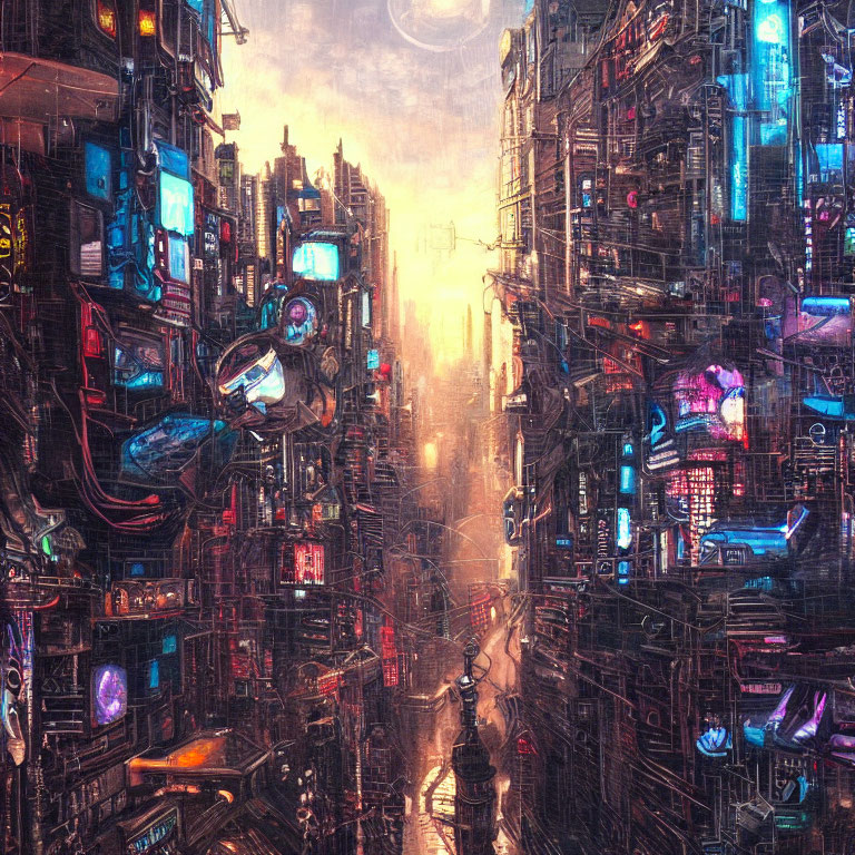 Futuristic cityscape with neon signs and flying car at sunset