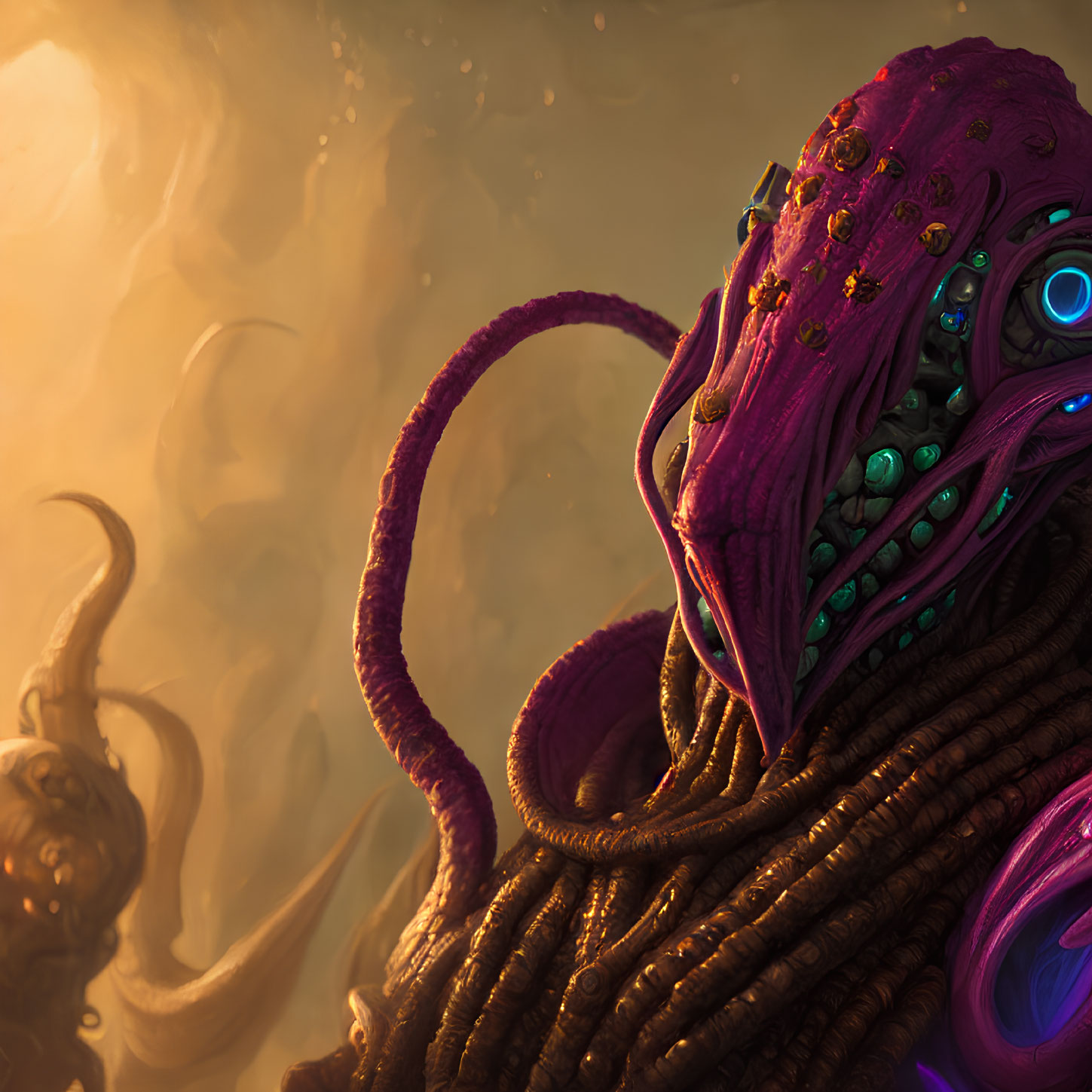 Alien creature with purple skin and tentacles in digital artwork