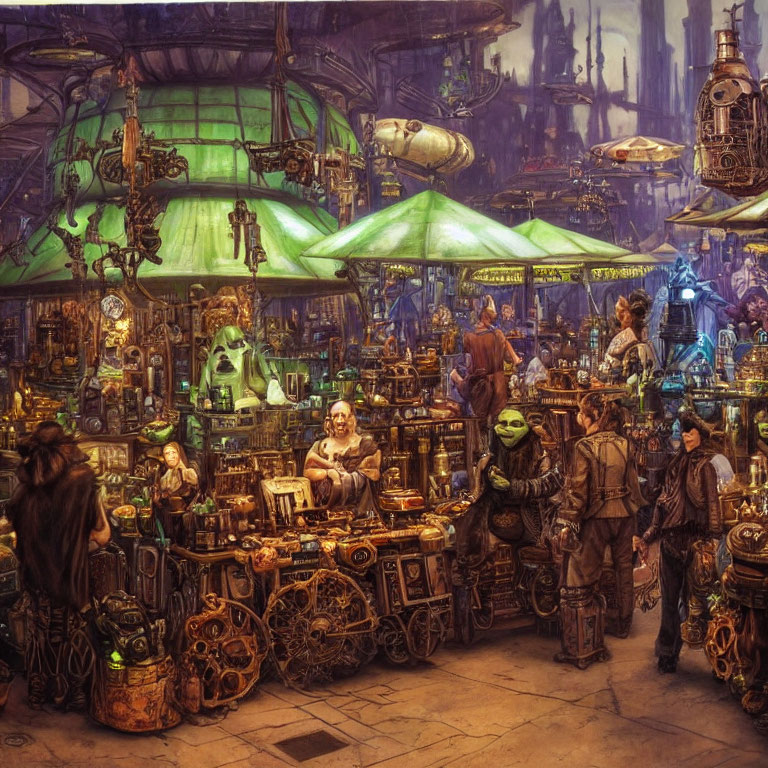 Steampunk-style market with diverse stalls and individuals.