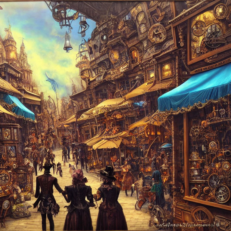 Steampunk market with ornate buildings and vintage attire