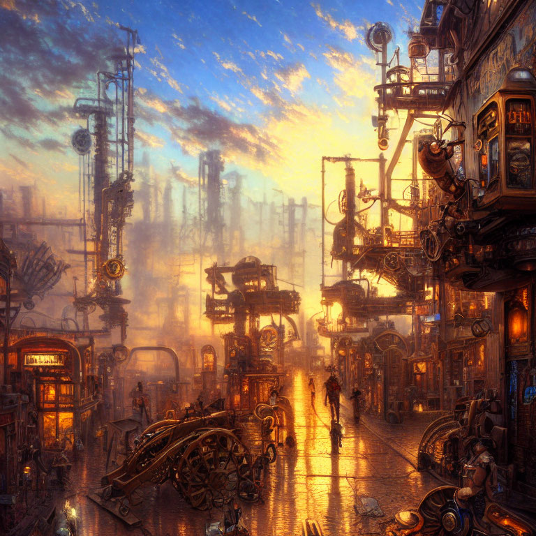 Steampunk cityscape at dusk: industrial structures, glowing lights, cobbled streets.