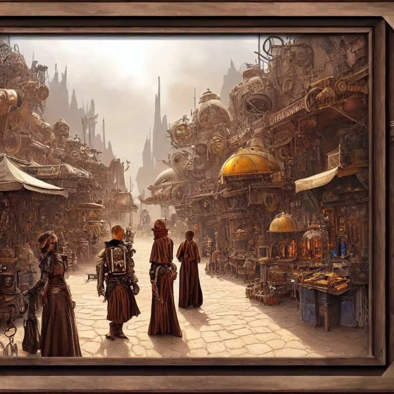 Historical Figures in Steampunk Cityscape with Gears