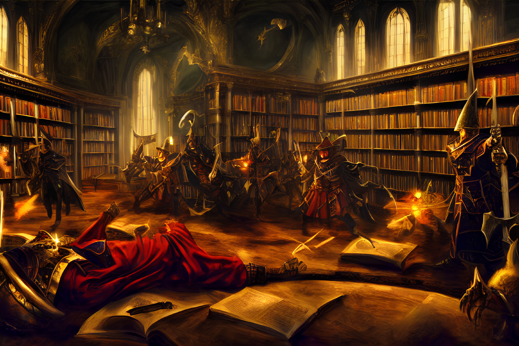 Armored knights in fantasy battle amid magical flames in grand library