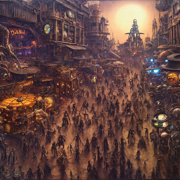 Futuristic sci-fi cityscape with neon signs and dense crowds