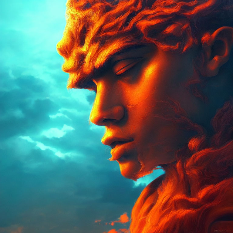 Digital artwork: Profile of person with fiery orange hair against vibrant sky