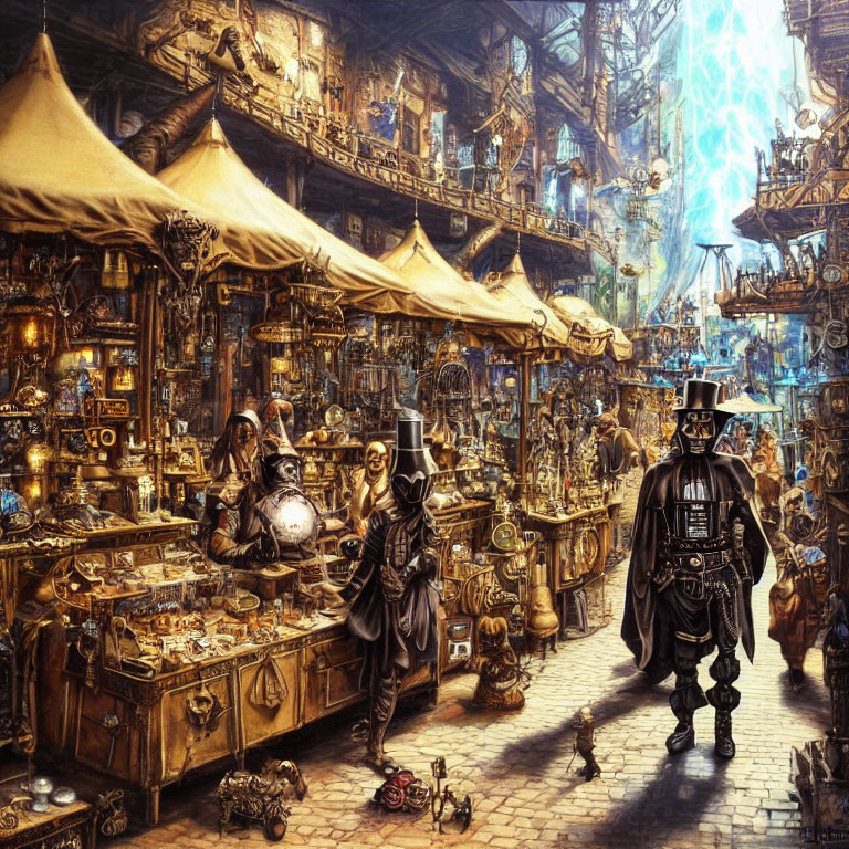 Steampunk marketplace with mechanical gadgets and Victorian-era patrons.