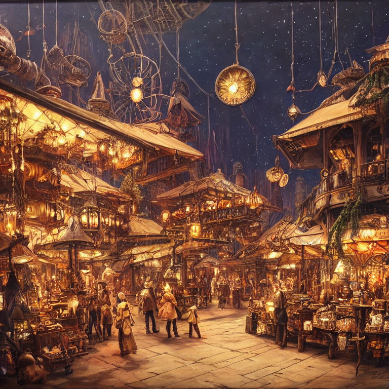 Fantasy market scene with glowing lights and wooden structures