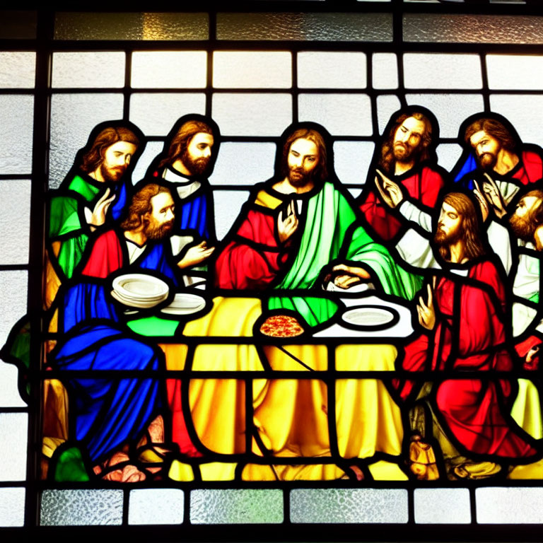 Vibrant Last Supper stained glass window display