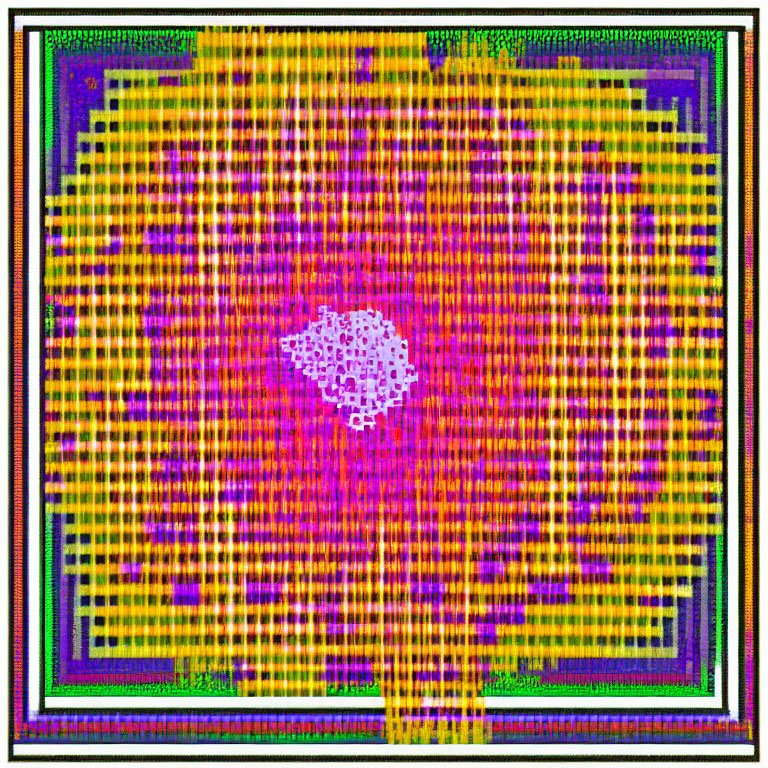 Vibrant computer chip thermal image heat distribution in white, purple, yellow, and green.