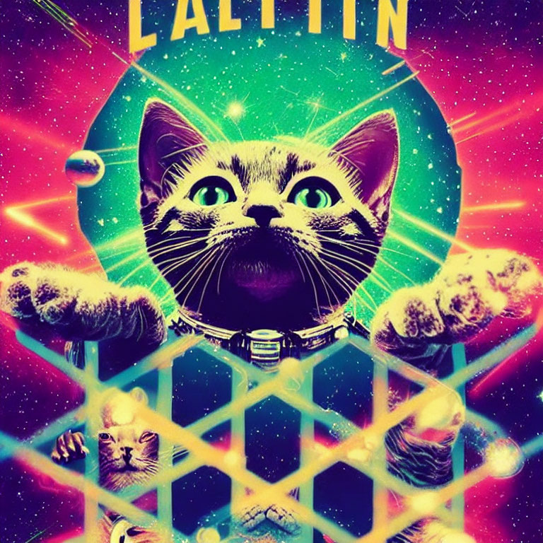 Colorful Psychedelic Cat Astronaut Artwork with "LATTIN" Overlay