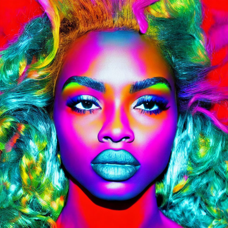 Colorful portrait of woman with multicolored hair and neon makeup on red backdrop