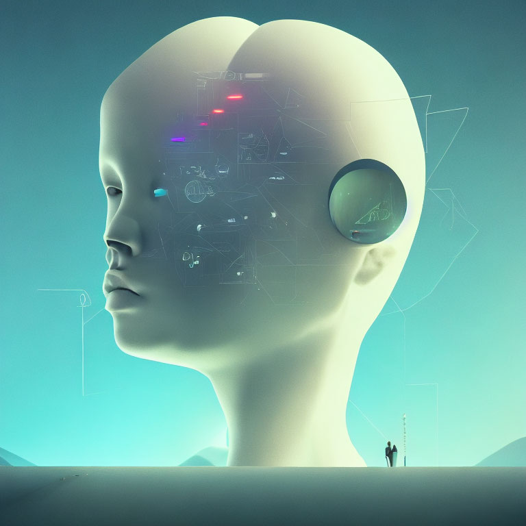 Surreal artwork: Giant translucent head with futuristic interface and small figures in desolate landscape