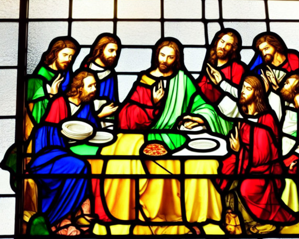 Vibrant Last Supper stained glass window display