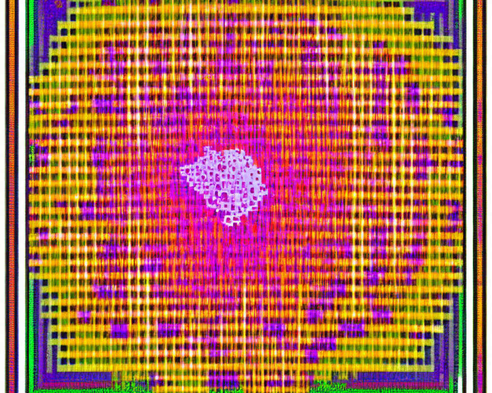 Vibrant computer chip thermal image heat distribution in white, purple, yellow, and green.