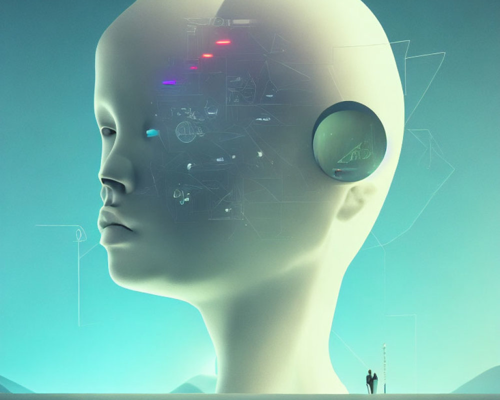 Surreal artwork: Giant translucent head with futuristic interface and small figures in desolate landscape