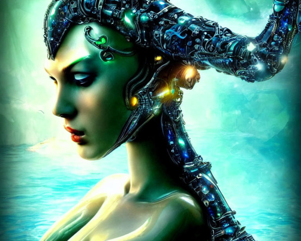 Futuristic female figure with cybernetic enhancements on teal backdrop