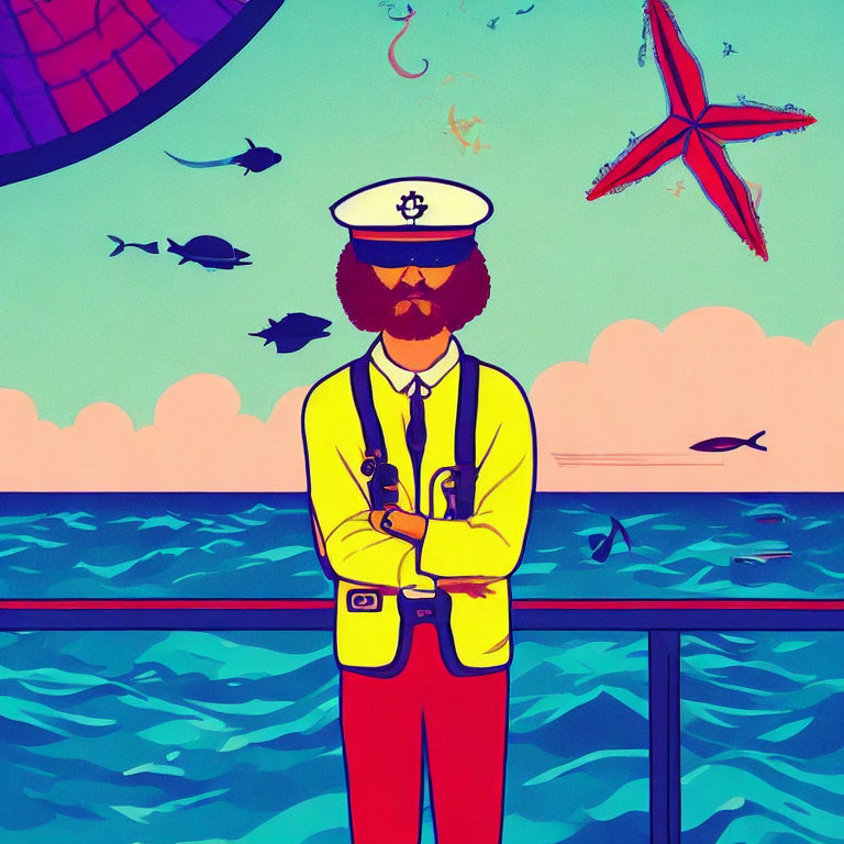 Stylized illustration of bearded sailor by railing at sunset