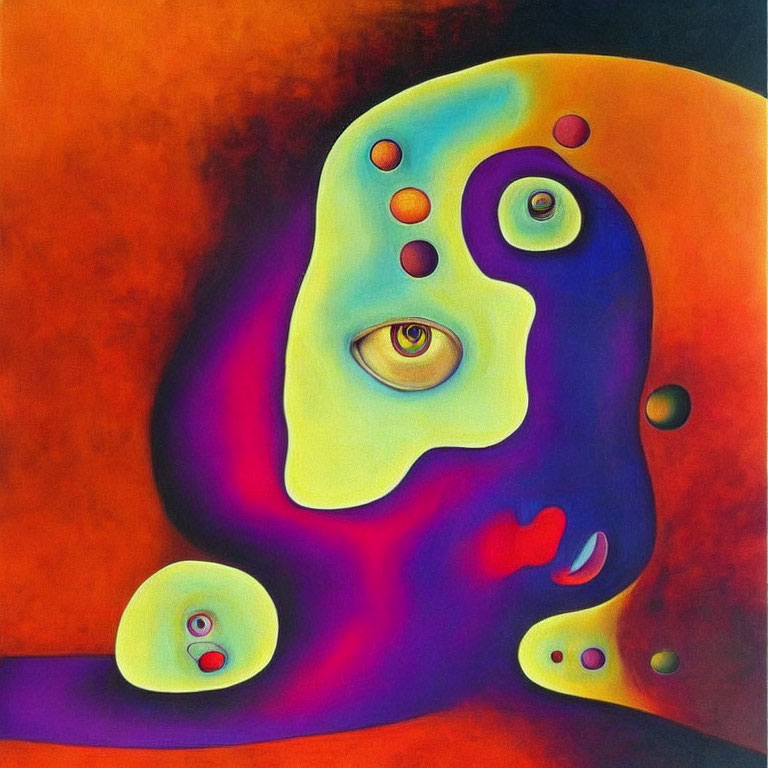 Vibrant abstract painting: distorted face, mismatched eyes, floating orbs, red, purple,