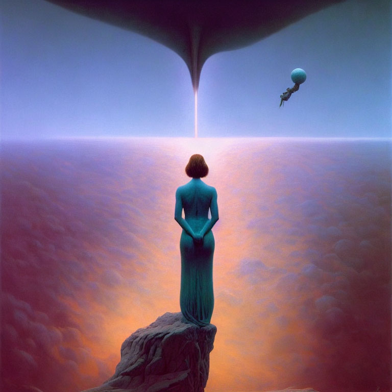 Surreal painting of woman on cliff with figure under giant funnel cloud