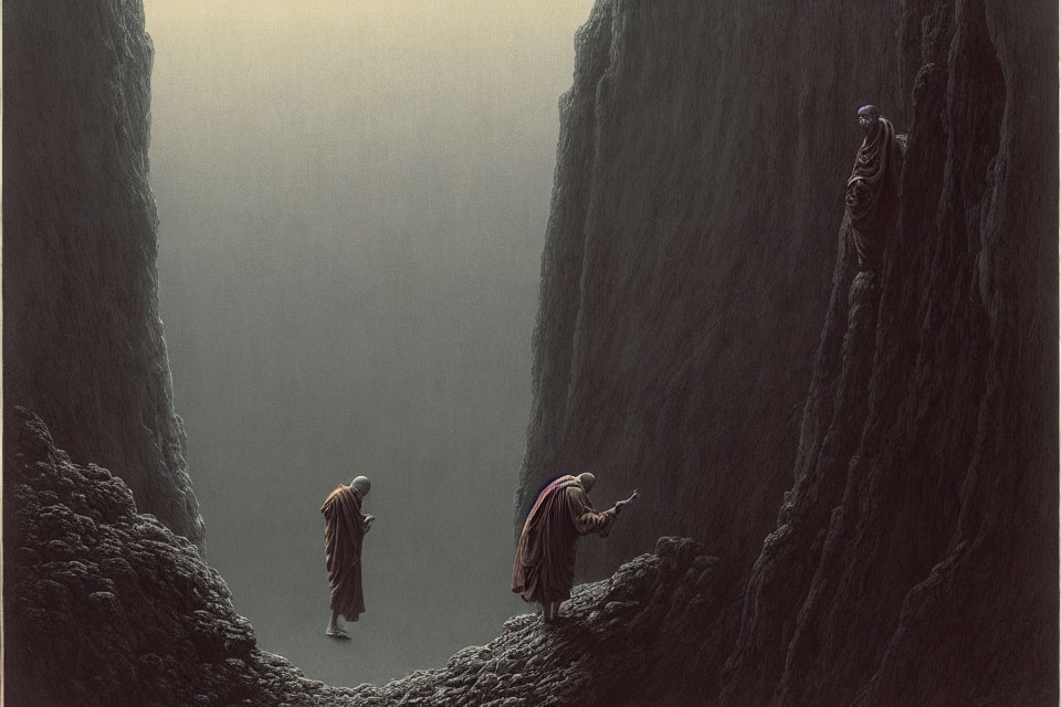 Three Robed Figures Navigate Mist-Filled Chasm