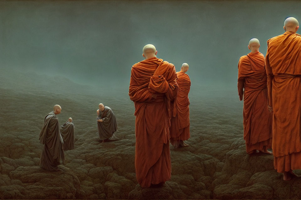 Orange-robed monks walking on rocky terrain with misty background