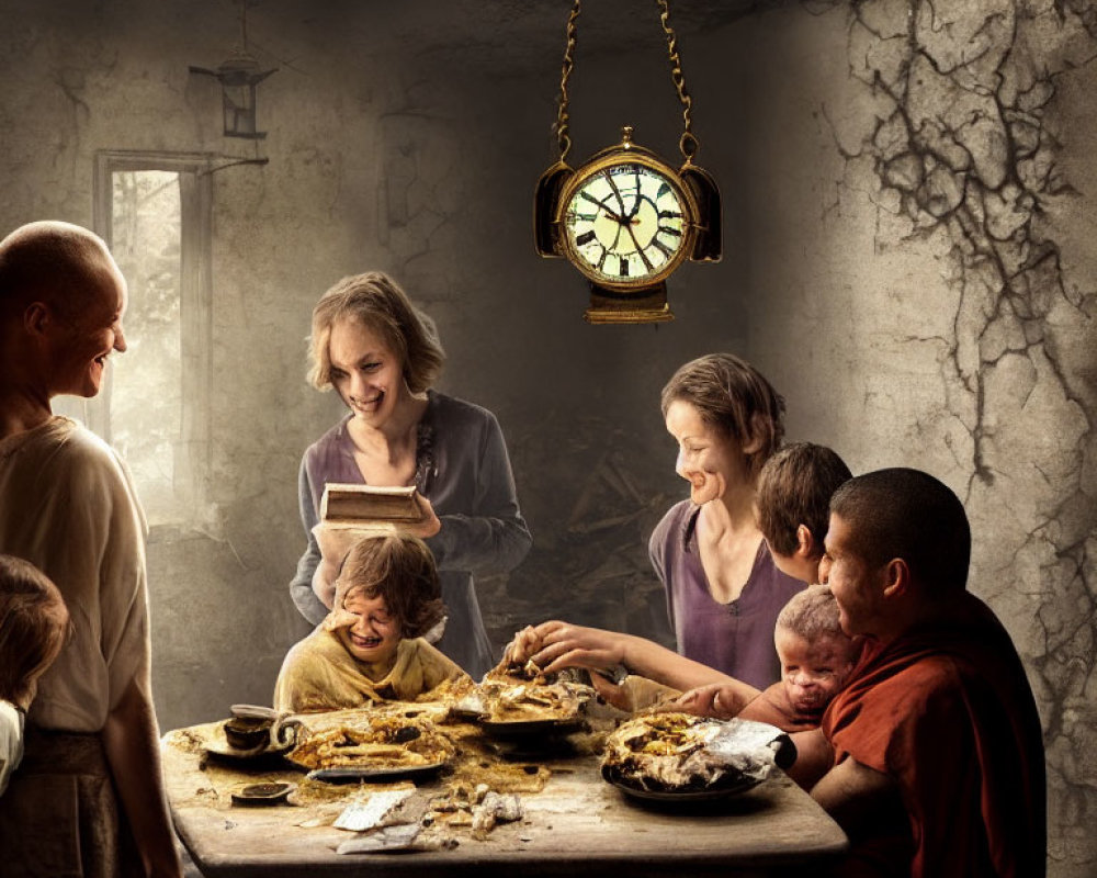 Family enjoying meal under golden clock in cozy rustic scene