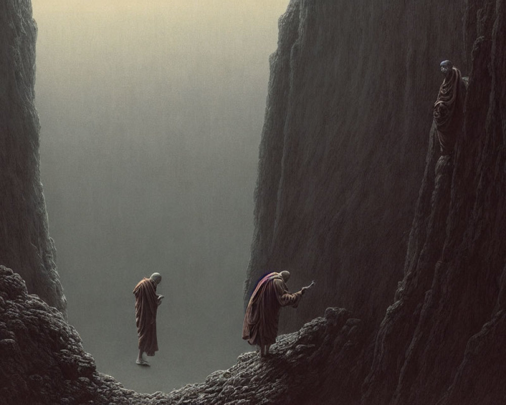 Three Robed Figures Navigate Mist-Filled Chasm