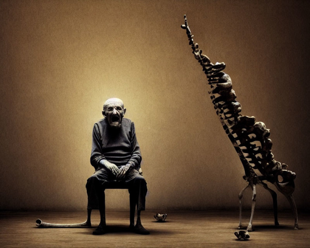 Elderly man observing skeleton evolution scene with bone on floor