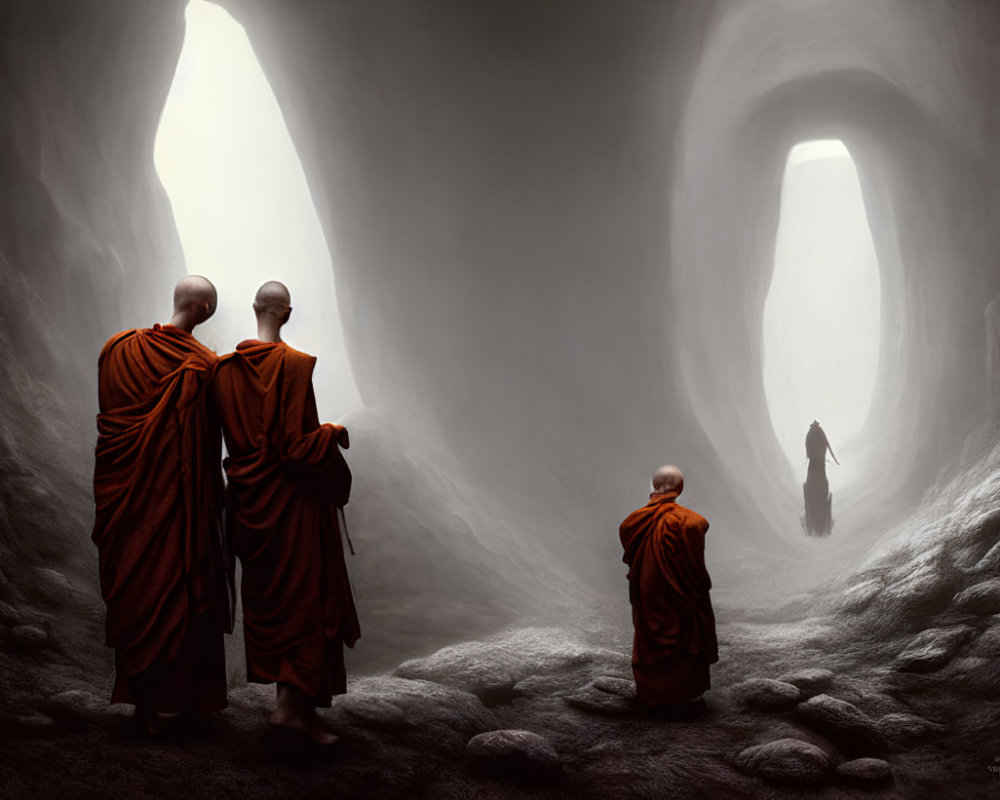 Three monks in orange robes in misty cavernous space