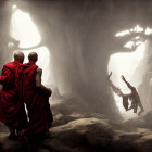 Three monks in orange robes in misty cavernous space