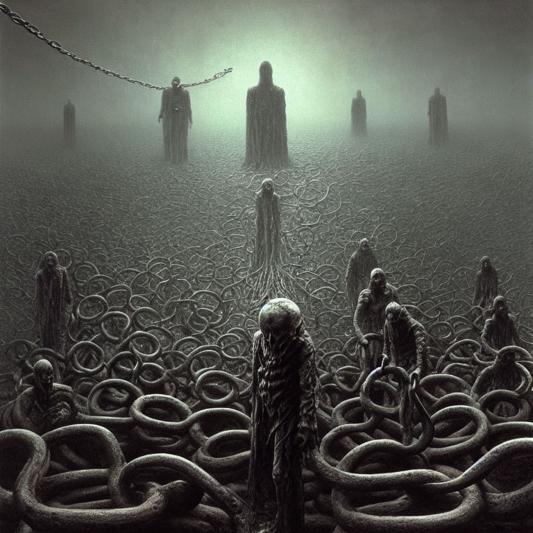 Dark, eerie artwork with ghostly figures, chains, and serpentine creatures in misty landscape